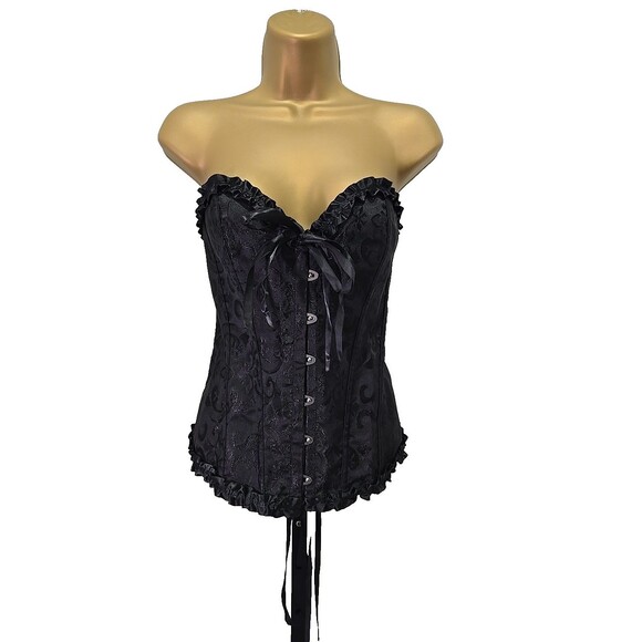 Black Brocade Lace Up Corset XL Over Bust Boned Steampunk Cosplay Renaissance - Picture 1 of 6
